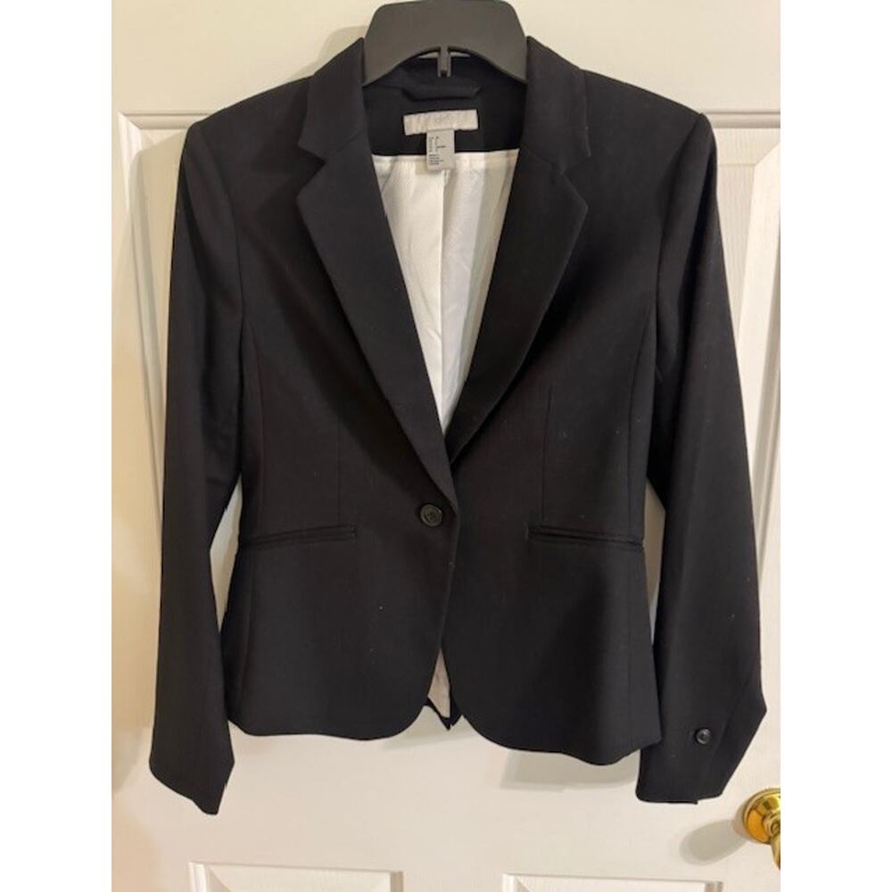 H&M Single-Breasted Fitted Notched Lapel White Lining Black Blazer Sz 8 - Picture 6 of 10